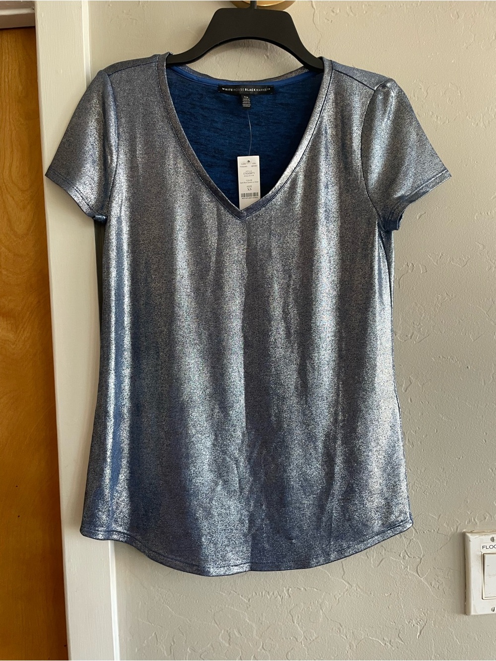 White House Black Market Metallic Blue V-Neck Women's Top NWT